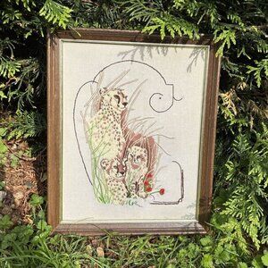 Vintage Cheetah Crewel Needlepoint Framed Mama Cubs Flowers 16x13”